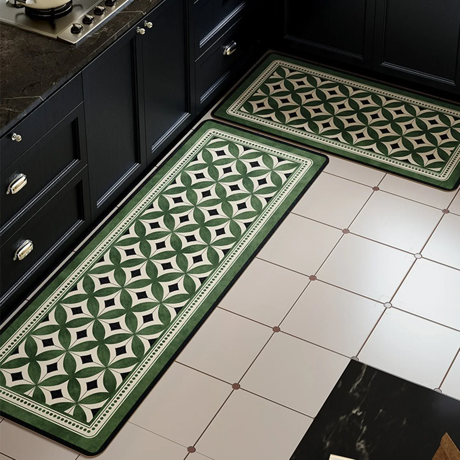 Non-slip Kitchen Carpet Retro Green Long Strip Runner Floor Mats Oil-proof PVC Leather Washable Rugs for Kitchen Mat שטיח למטבח