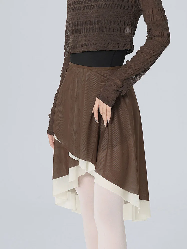 Woman Ballet Skirts Adult High Waist lace-up Irregular Two Layers Dance Skirts Nylon Mesh Contrast Color Ballerina Skirts