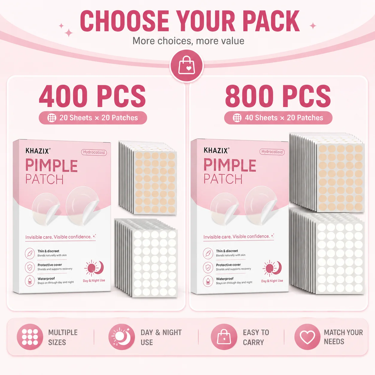 400/800Pcs Hydrocolloid Face Concealer Patches, 2 Shades Nude & Clear, Invisible Waterproof Skin Stickers, Day Night Use view 2