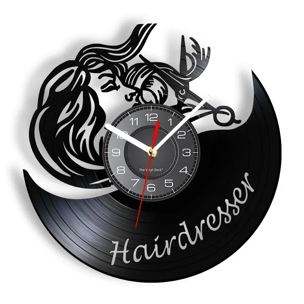 Hairdresser Black Retro Wall Clock Made of Vinyl Record Hair Salon Decor Scissor Barbershop Hairdo Sign Wall Watch Stylist Gift