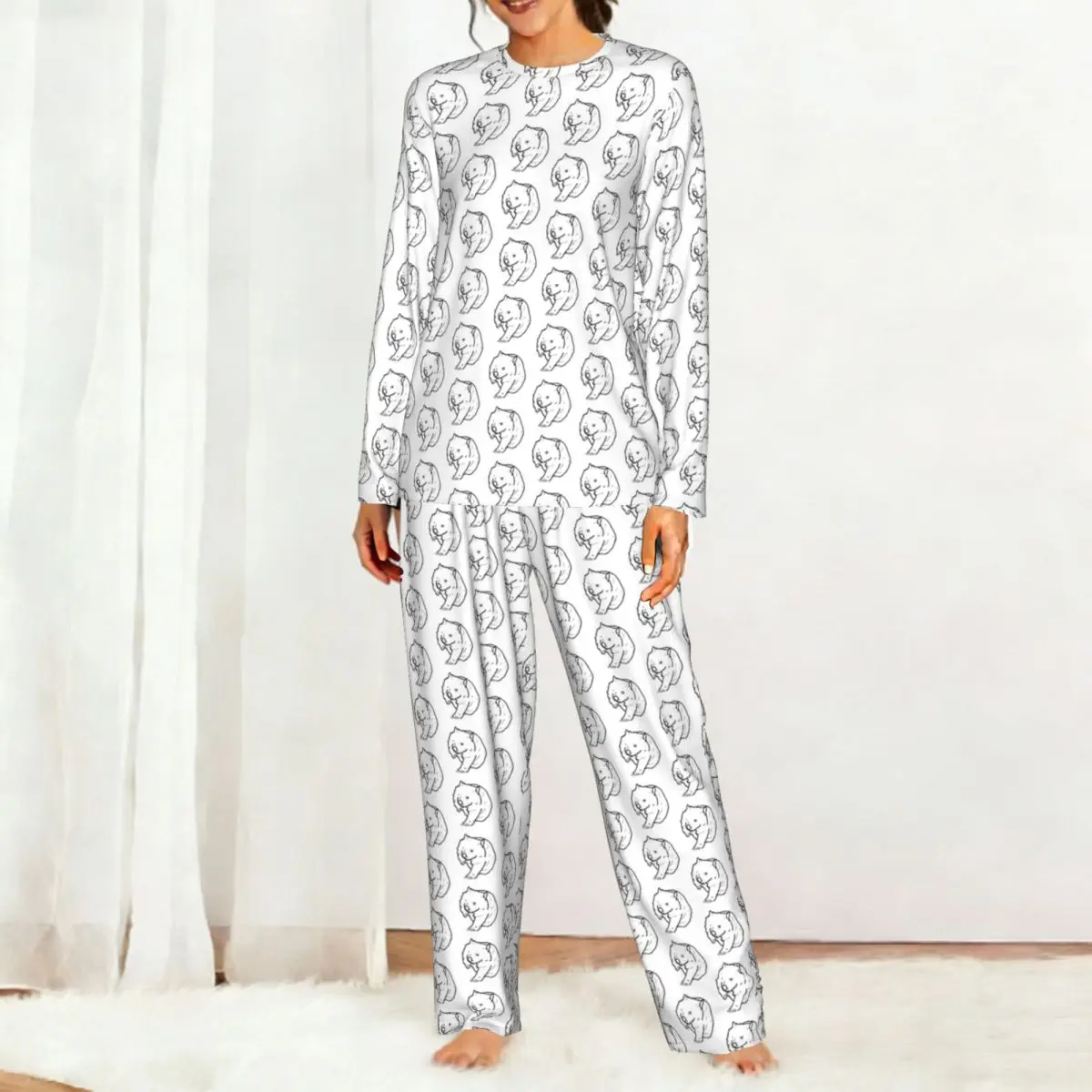 Australian Wombat Doodle Round Neck Long Sleeves Nightdress for Sleeping Sleepshirts Women Loose Pajama Set Long Pants