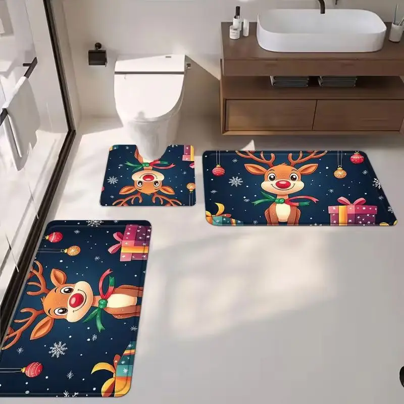 VIKAMA Vintage Santa Claus Flocking 3 Piece Bathroom Mat Set Non Slip Soft Bath Rug For Bathroom Shower Home Decor