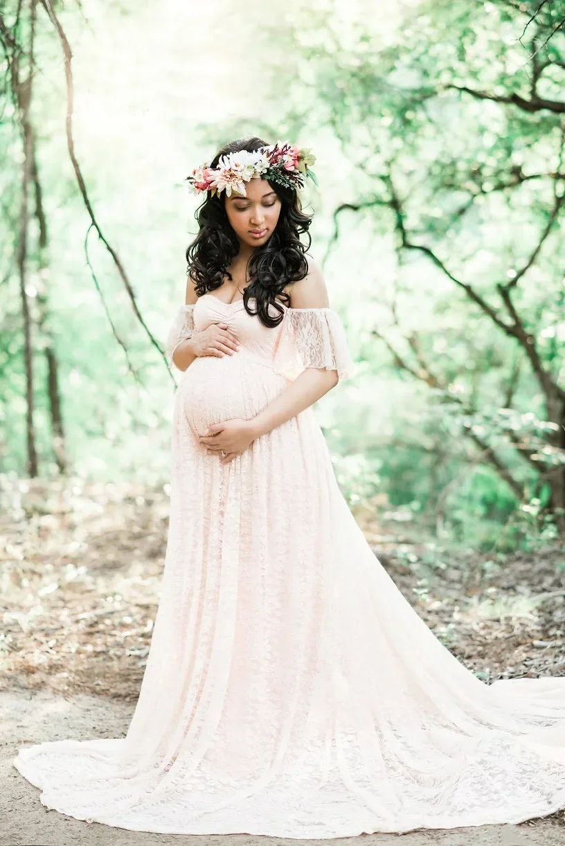 Women Maternity Gown Robe for Photo Shoot Pregnancy Clothes Dresses Beautiful Lace Tail Short Sleeve Dress