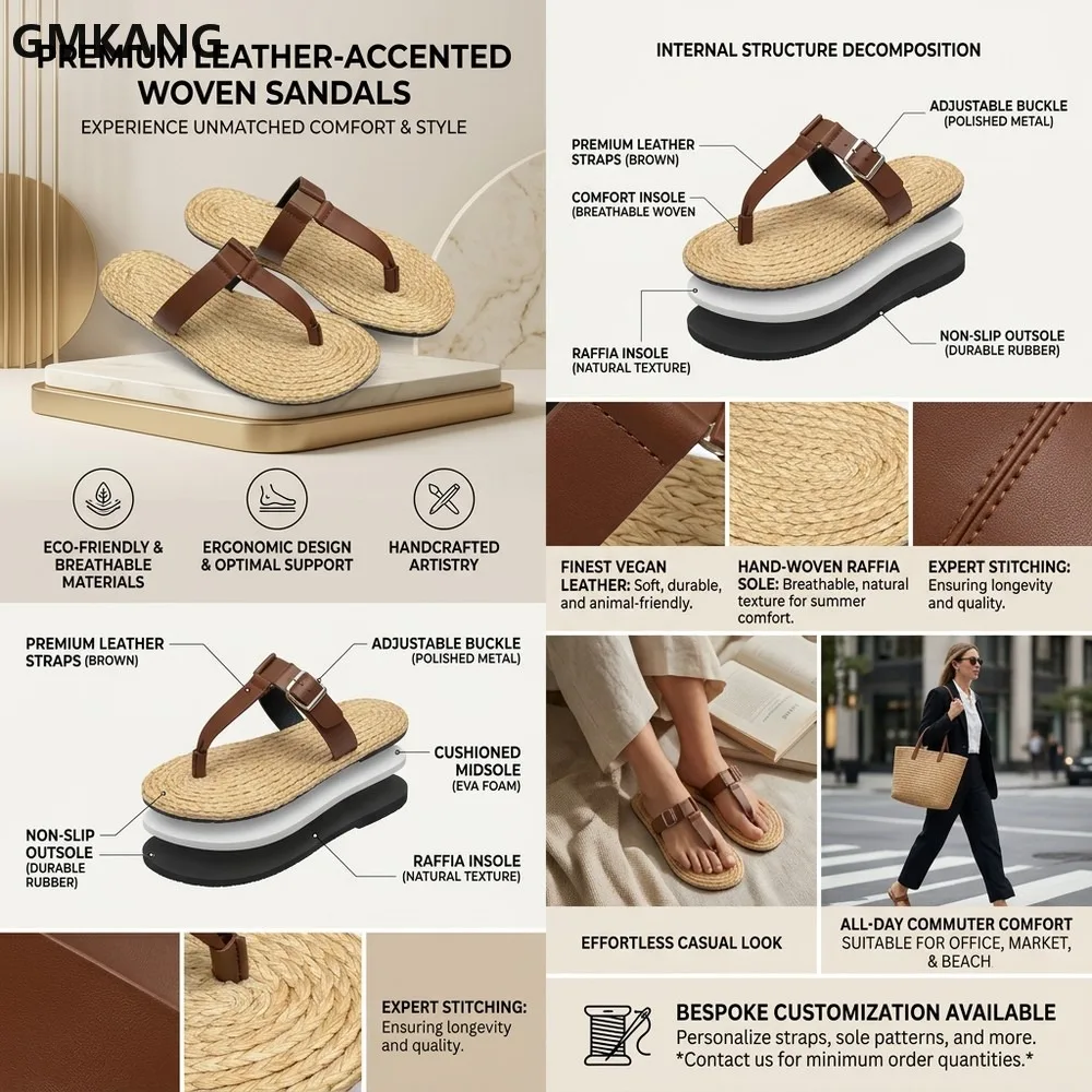 2026 Summer Woven Straw Flip Flops Flat Thong Sandals Leather Strap Bohemian Beach Outdoor Casual Walking Slippers