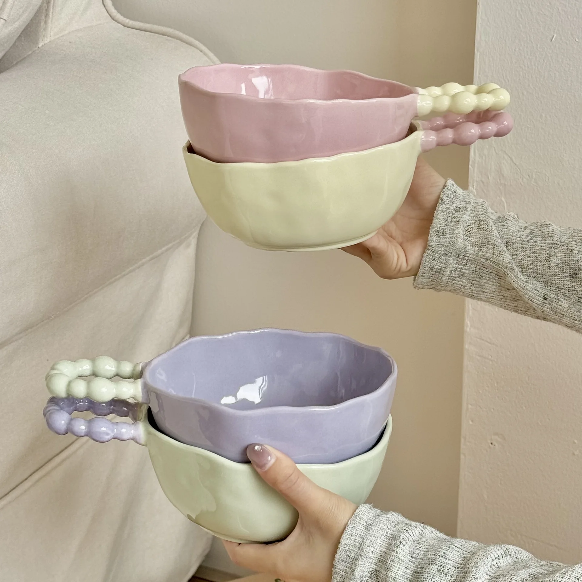 

Ins Style Candy Color Ceramic Handle Bowl Personal Tableware Rice Noodle Soup Yogurt Fruit Bowl