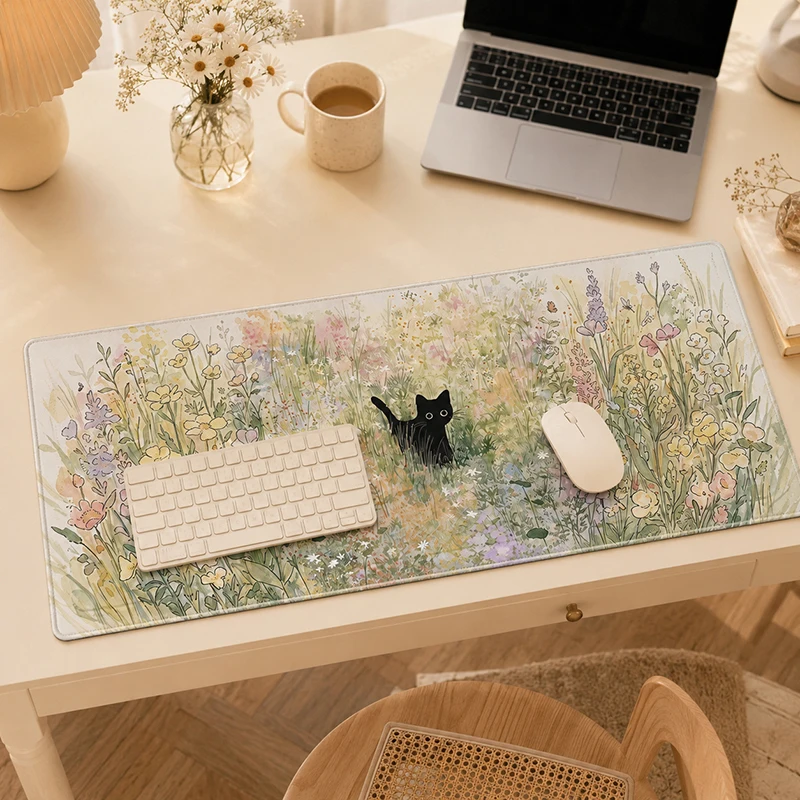 Black Cat in Spring Flowers Mouse Pad Gaming XL HD New Mousepad XXL keyboard pad Playmat Soft Office Carpet Computer Mouse Mats