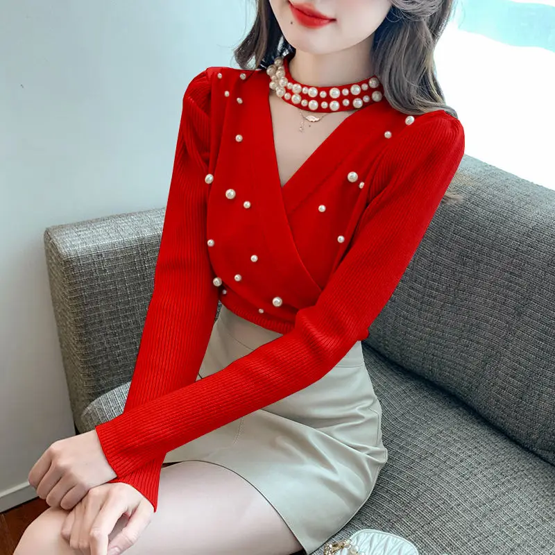 

Ladies Fashion All-match Irregular Knitting V-neck Pullovers Autumn Winter Fashionable Embroidered Flares Hollow Out Sweater