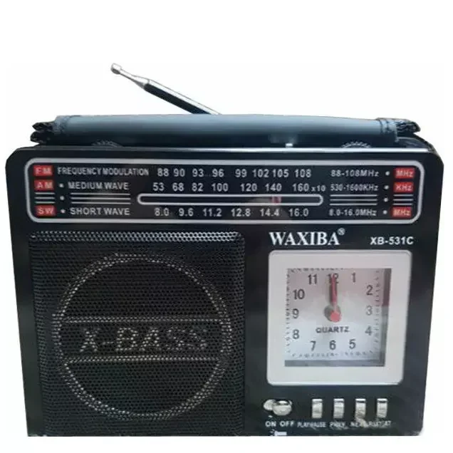 2025 Waxiba XB-531C X-bass Portable Medium Short Wave Quartz Clock Mp3 Player Flashlight Rechargeable Fm Am Sw 3 Band Radio With