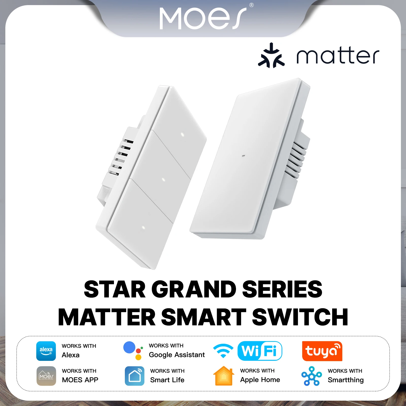 

MOES Tuya Star Grand Series Matter WiFi Smart Light Switch 10A Neutral Required Work with Alexa Google Apple Homekit Smartthings