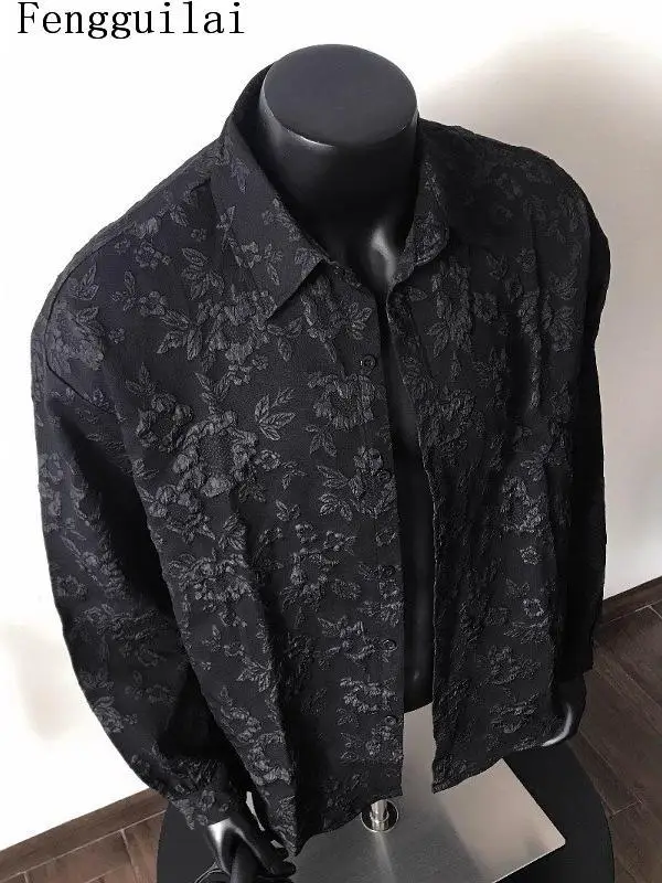Men Oversized Jacquard Floral Shirt Black Embossed Pattern Lapel Long Sleeve Button Down Gothic Style Casual Tops