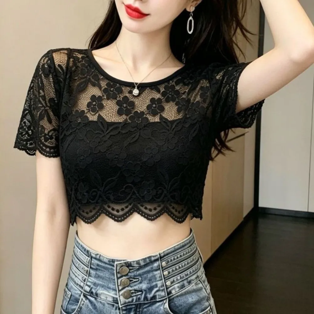 Fashion Nylon Lace Short Sleeve Top Short Sleeve Breathable Hollow Out Layering Tee Thin Light Fabric Sheer Mesh Blouse Women