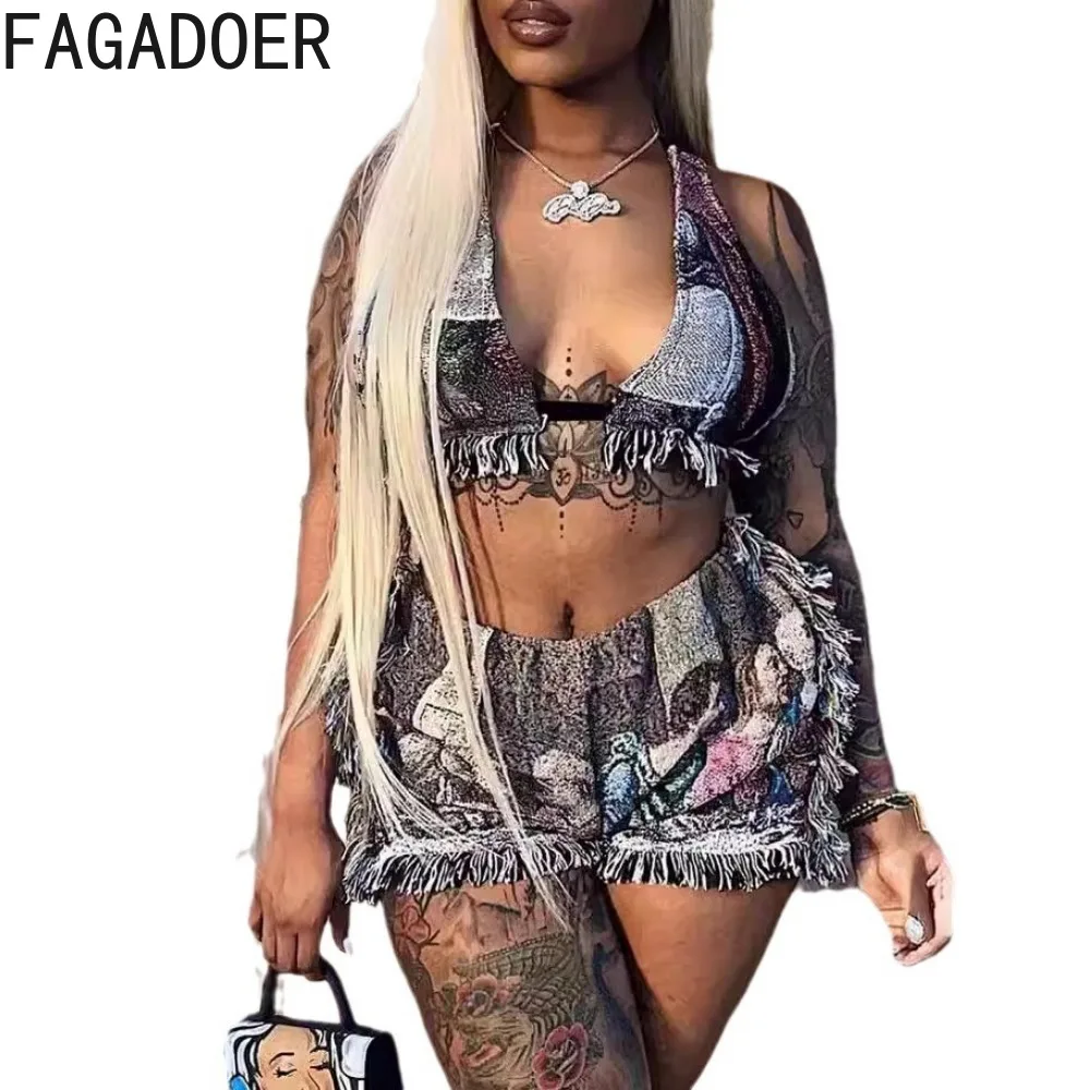 Fagadoer Ins Mode Kwastje 2 Delige Sets Outfit Vrouwen Olieverf Print Bh Top En Hoge Taille Shorts Pakken Casual Streetwear