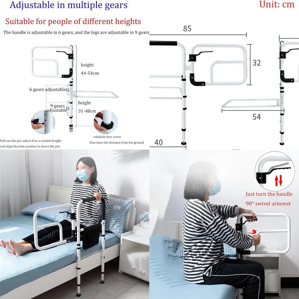 Bed Rail rotatable, Safety Bed Handle, Seniors Bed bar with Storage Pocket, Bedside Standing Assist Grab Bar, Height Adjustable