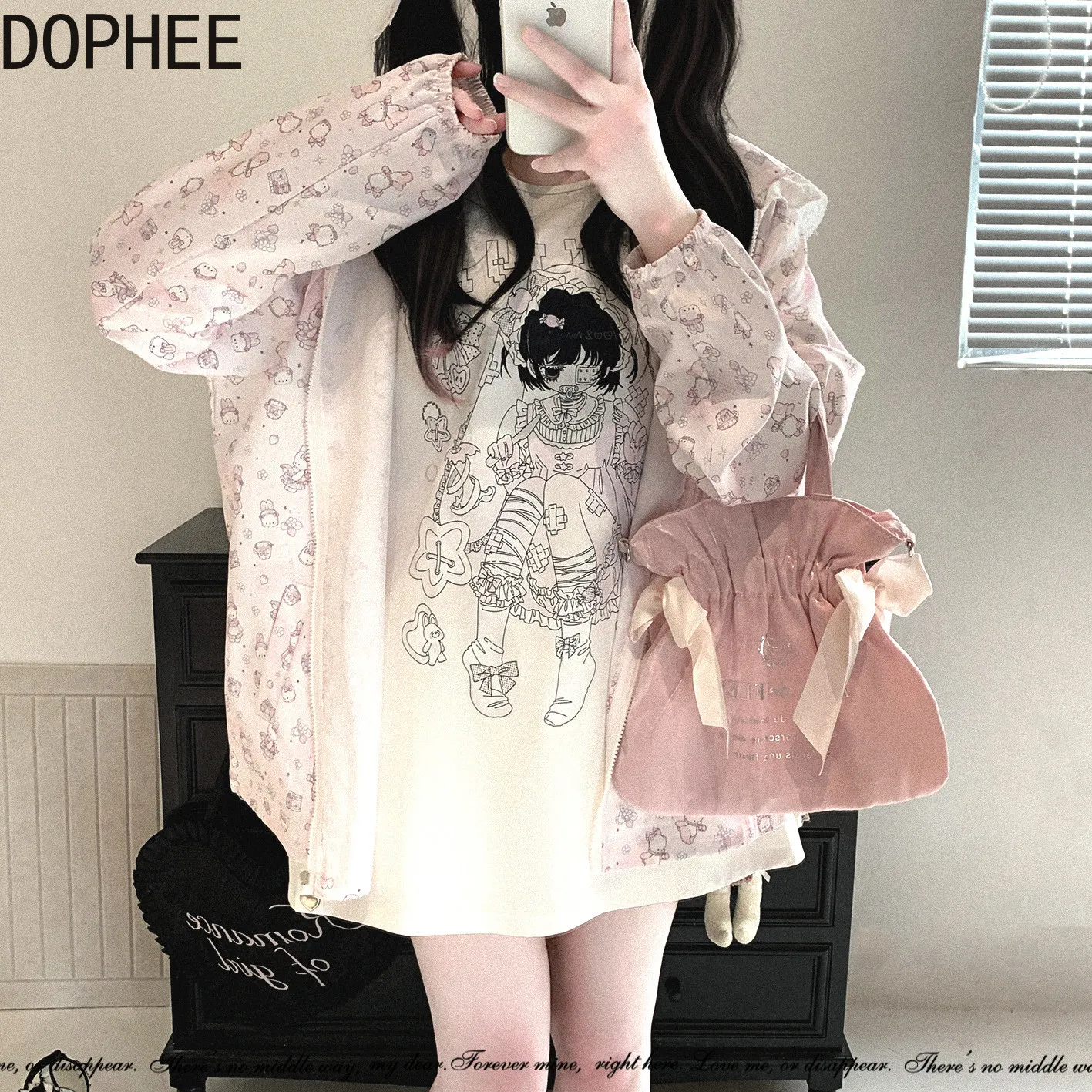 Japanese Subculture Cute Bunny Printed Loose Cardigans Coat Loose Zip Hooded Sunscreen Shirt Young Girls Long Sleeve Thin Jacket