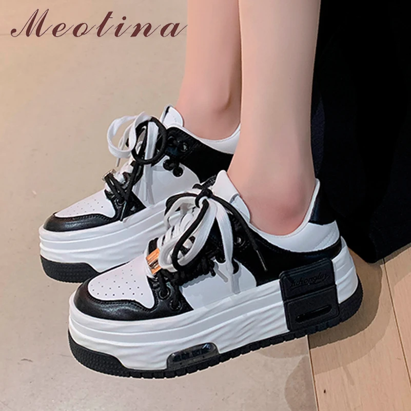 

Meotina Women Genuine Leather Round Toe Platform Flats Lace-up Mixed Colors Sneakers Ladies Fashion Spring Autumn Shoes 40