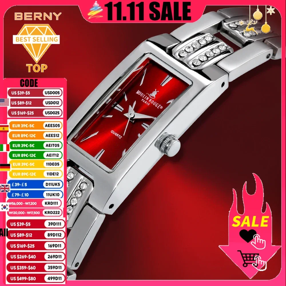 MIYOTA Quartz Watch for Women Luxury Brand Waterproof Rectangle Stainless Steel Bracelet Wristwatch Fashion Red Lady Watch 2022