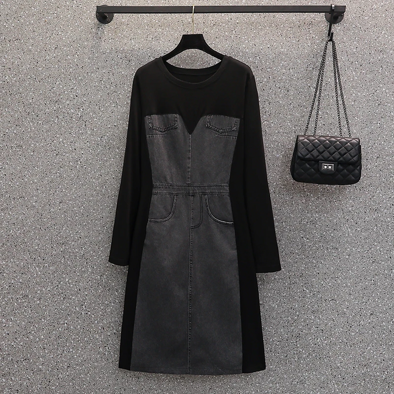 EHQAXIN Autumn Winter Women's Denim Dress Fashion 2024 New Simple Denim Panel Long Sleeve A-Line Dresses For Female M-4XL