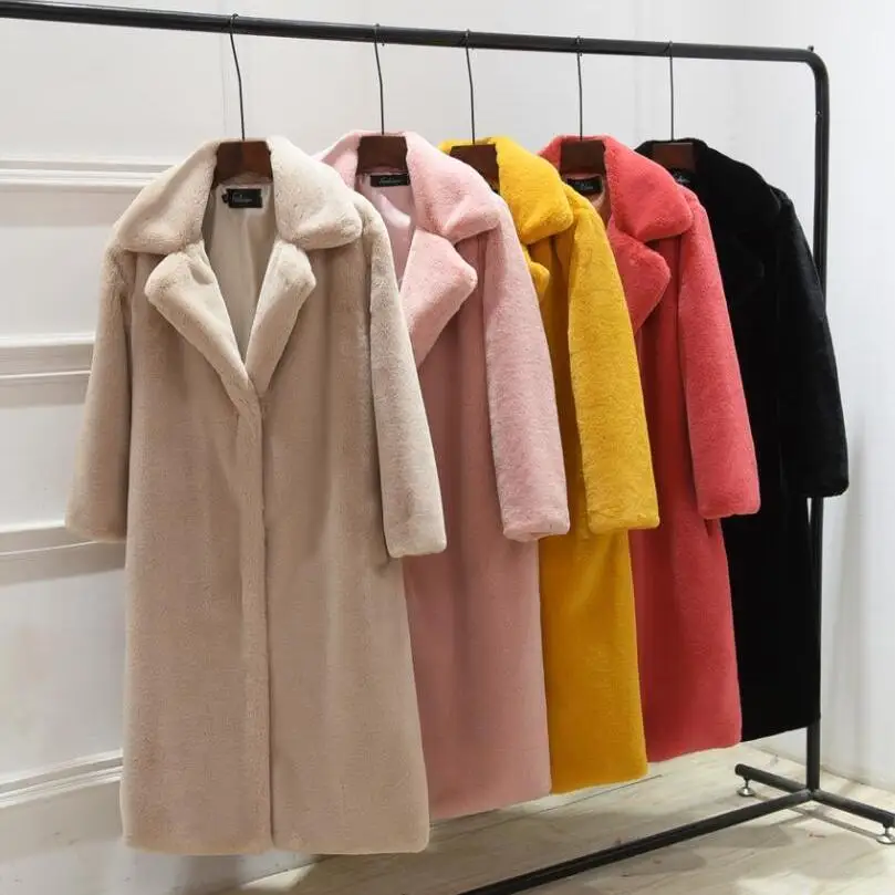 Women\'s Fur Coat Faux Rabbit Fur Luxury Long Loose Lapel Overcoat Thick Clothes Plus Size Plush Outerwear Female Coats Winter