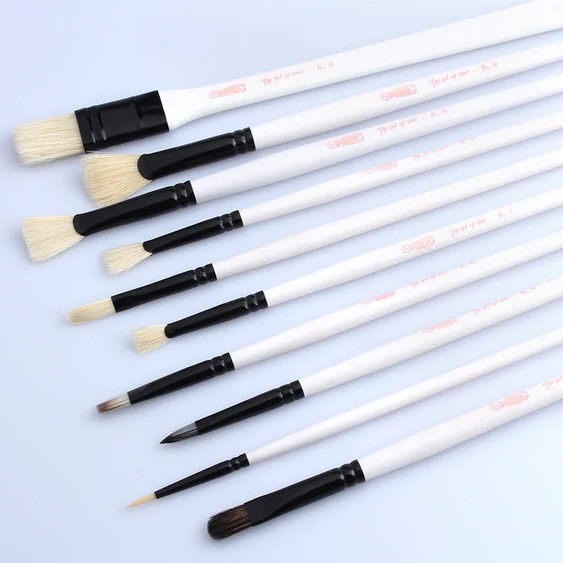 10 pcs Multifunction professional paint brushes set pig bristle hair design oil acrylic watercolor art supplies white rod