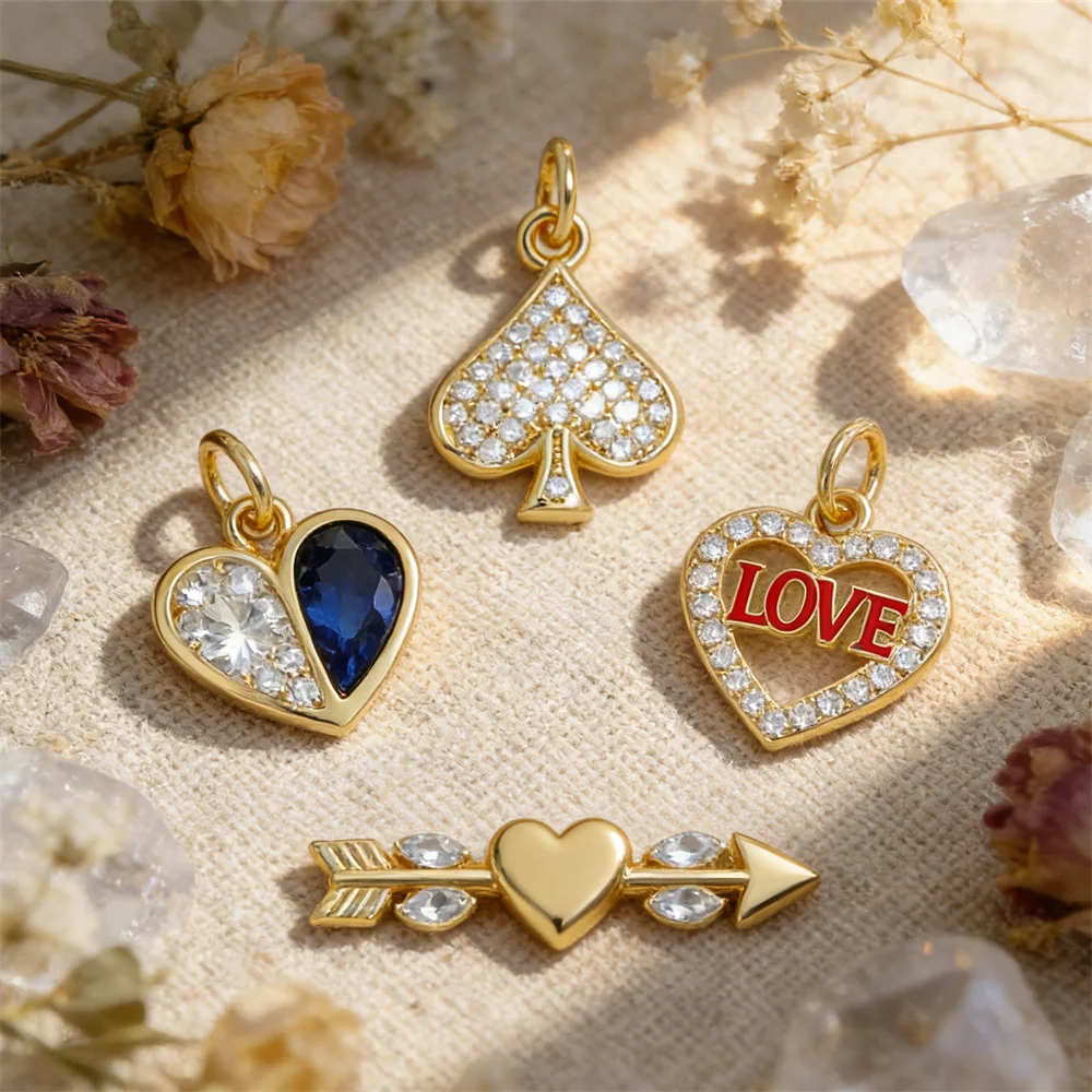 5Pcs Pendants Double Heart Arrow Charms Gold Plated Inlay Zirconia Hollow for DIY Jewelry Necklace Bracelet Making Accessories