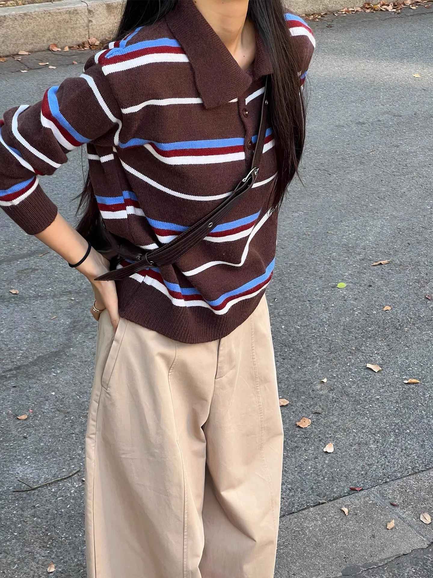 Retro Korean Striped Color Block Long Sleeve  Neck Knitted Sweater Women's Casual Versatile Autumn Winter Warm Top