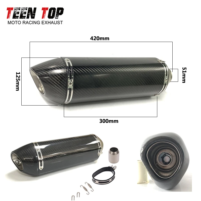 51mm CarbonFiber Motorcycle Muffler CBF190TR CB190F/R/X CBR250 CRF230F Forza300 CB400F CBR500 Exhaust Muffler Unviersal Tailpipe
