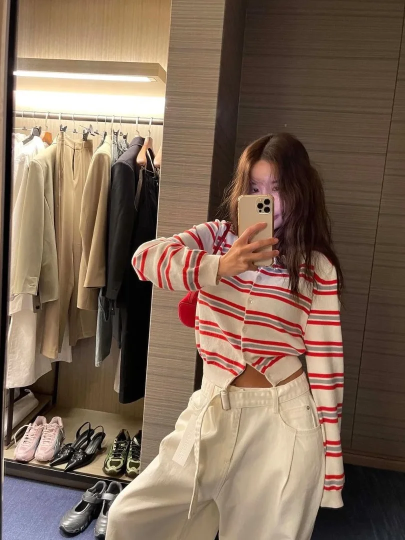 

Chic Vintage round Ne Striped Design Loose Long Sve Knitwear Top for Women Autumn New Sle Straight Tube ape Single P...