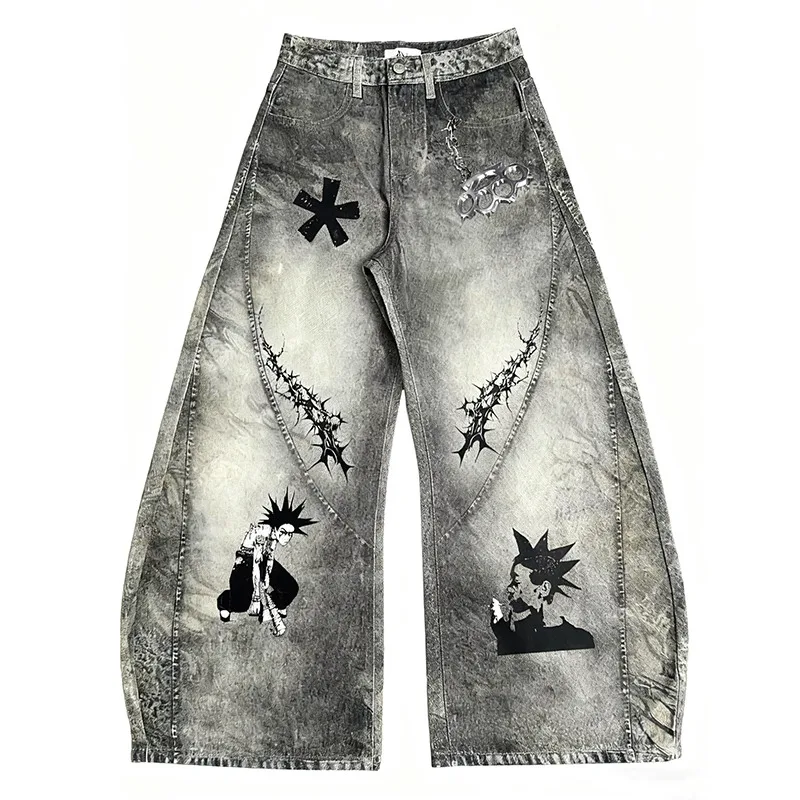 MWJLPWQ Niszowe, postarzane dżinsy z nadrukiem, długie spodnie męskie, styl high street, sprane, unisex, unikalne, szerokie, baggy jeansy z motywem machety, jesień 2025, 12440