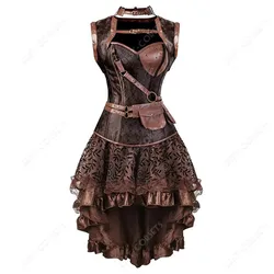 Brown Pirate Corset Dress Steampunk Leather Overbust Corset Top With Dress Plus Size Burlesque Viking Costume for Women