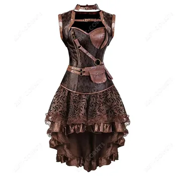 Braunes Piraten-Korsettkleid, Steampunk-Leder, Überbrustkorsett-Oberteil mit Kleid, Übergröße, Burlesque-Wikinger-Kostüm für Damen