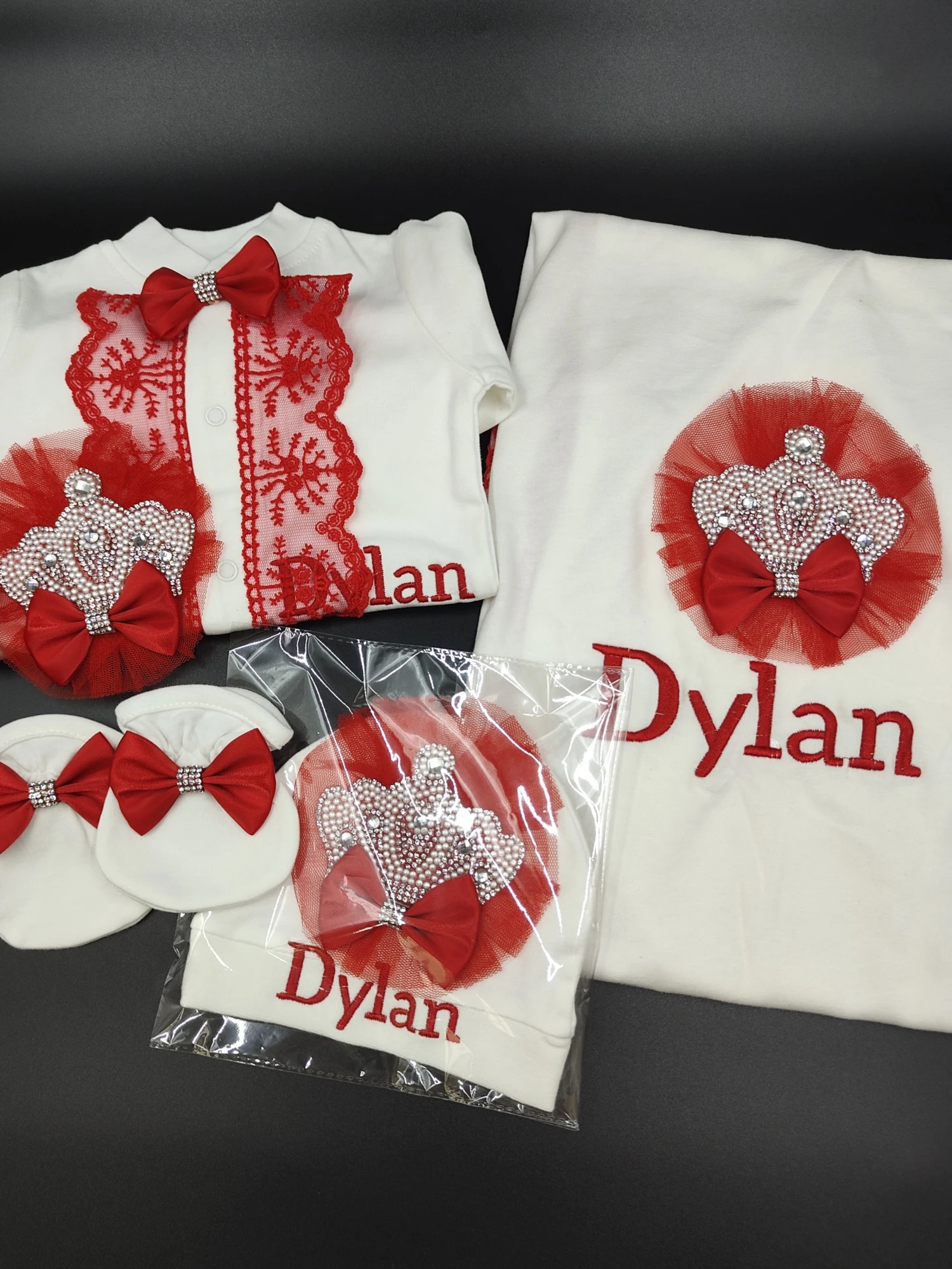 Red Handmade Name Personalized Baby Girl Newborn Jewels Crown  Take Me Home Layette 5 Piece Deluxe Gift Set
