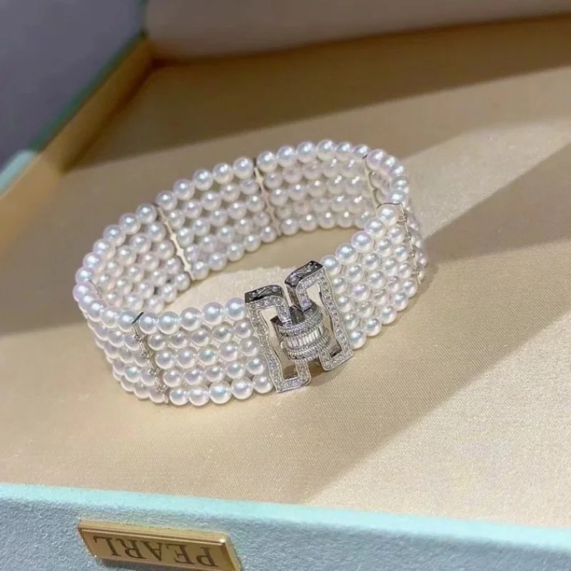 

SGARIT Fine Jewelry 5 Rows 3.5-4mm Natural Fresh Water Pearl Original and 925 Silver Women's Hand Bracelets