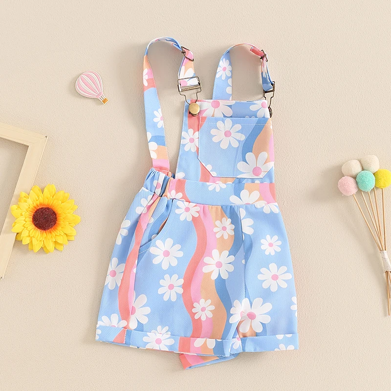 2024-04-09 Lioraitiin Toddler Girls Overalls Farm Daisy Print Sleeveless Straps Buttons Pockets Shortall Summer Romper Jumpsuit