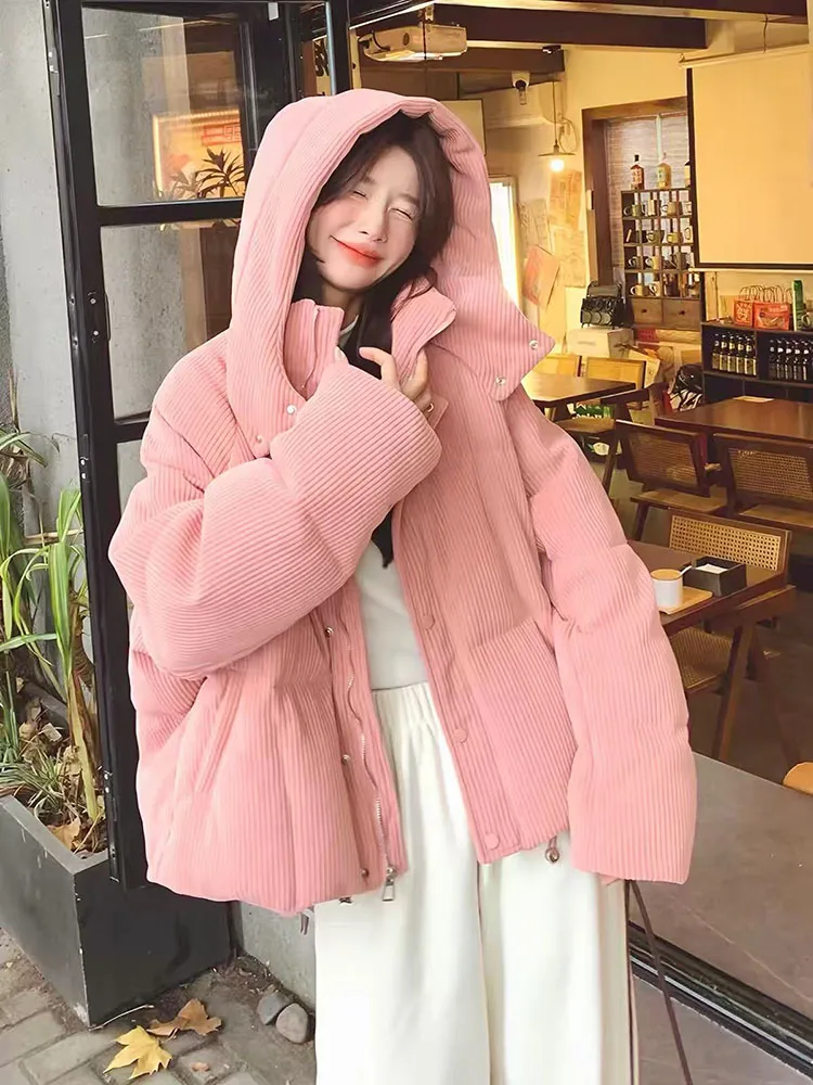 Vintage Corduroy Hooded Puffer Coat Women Y2K Winter Thick Warm Puffy Jacket Korean Sweet Preppy All Match Parka Outwear