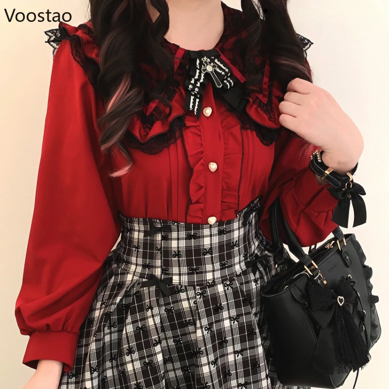 

Японские готические рубашки в стиле Лолиты, женские элегантные милые кружевные блузки с открытыми плечами и длинными рукавами, женские винтажные топы Y2k, повседневные блузки