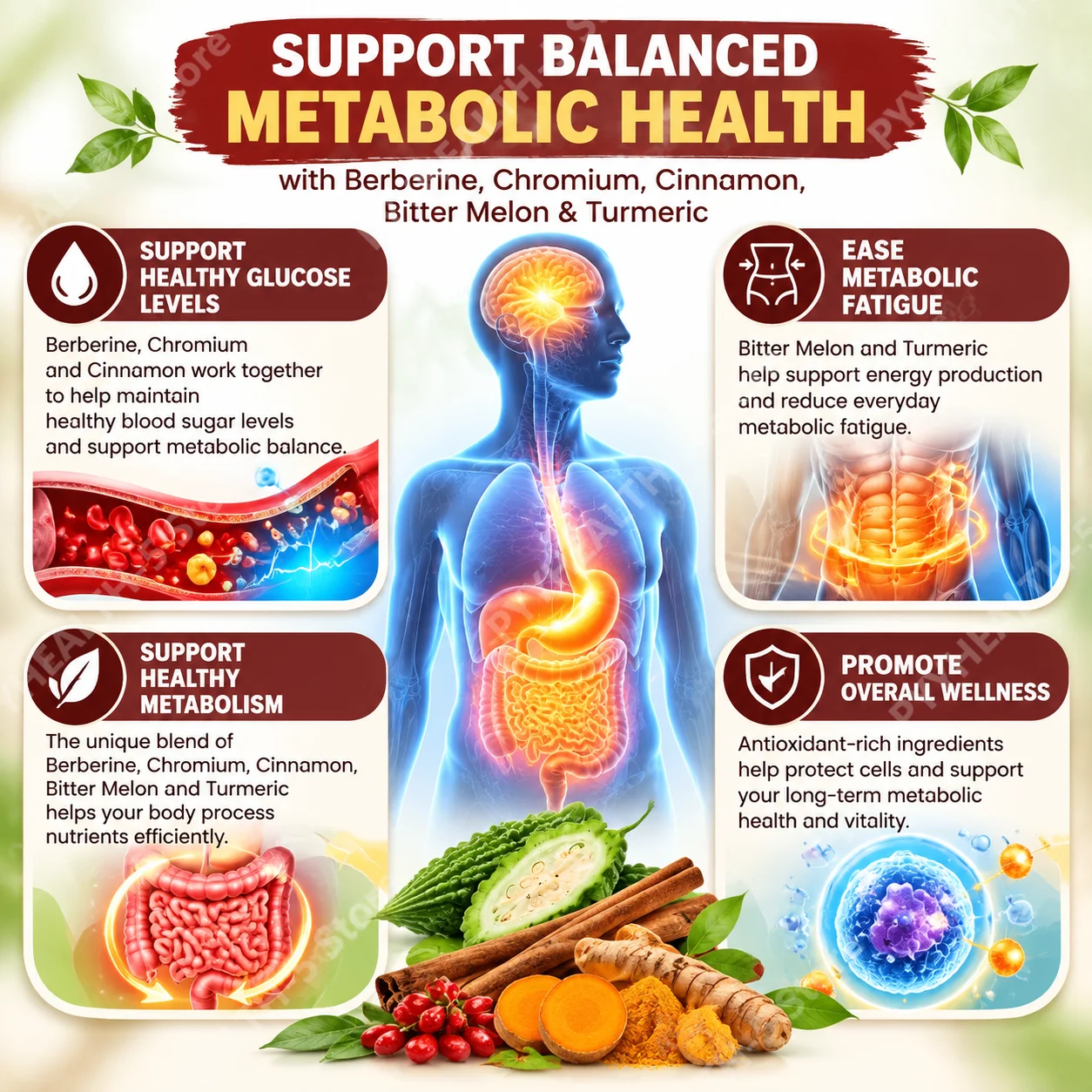 Berberine Liquid Drops Smooth Glucose Levels, Ease Metabolic Fatigue, Chromium Cinnamon Bitter Melon Turmeric Formula, 60mL