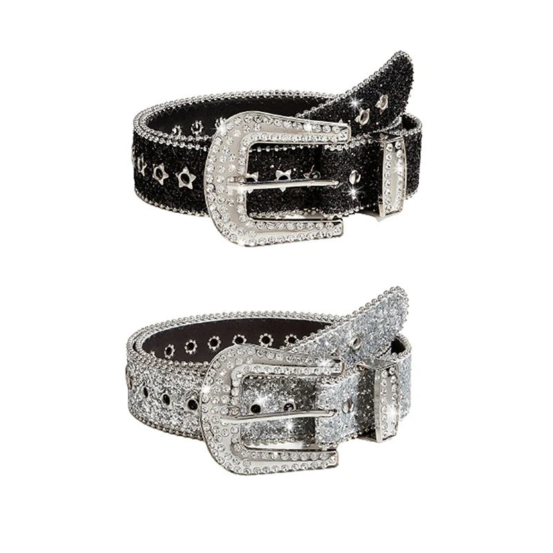 New Y2K Rhinestones Buckle Belt Women Punk Star Hole Waist Strap Gothic Fashion Personality Belt Cowgirl Skirt Waistband