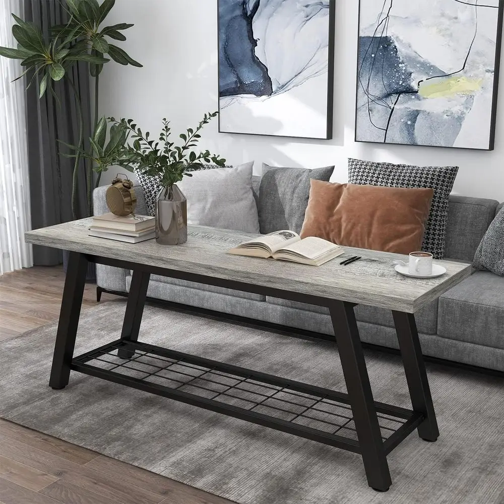 Industrial Rustic Wooden & Metal Storage Bench for Entryway, Shoe Rack, and Hallway Seating in Farmhouse Style