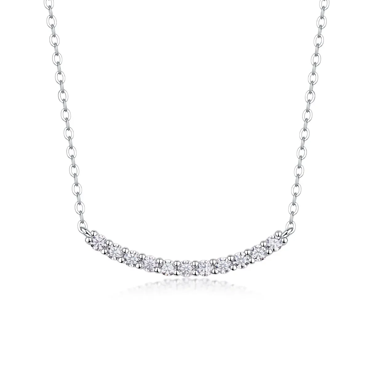 Wholesale Single Row Diamond Clavicle Chain 925 Sterling Silver Rhodium Plated 0.06ct Moissanite Curved Smiley Necklace