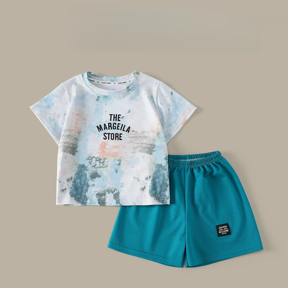 Kids Summer Tie Dye Two Piece Outfit Letter Print Short Sleeve T-shirt & Elastic Shorts Casual Sports Set for Boys