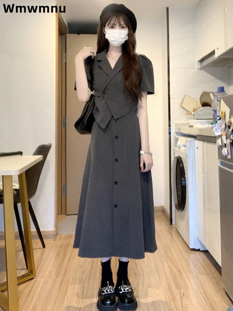 

Женский элегантный модный офисный комплект, костюм с короткими рукавами, топ, тонкий комплект из двух предметов, юбка на пуговицах с высокой талией, новинка Conjuntos