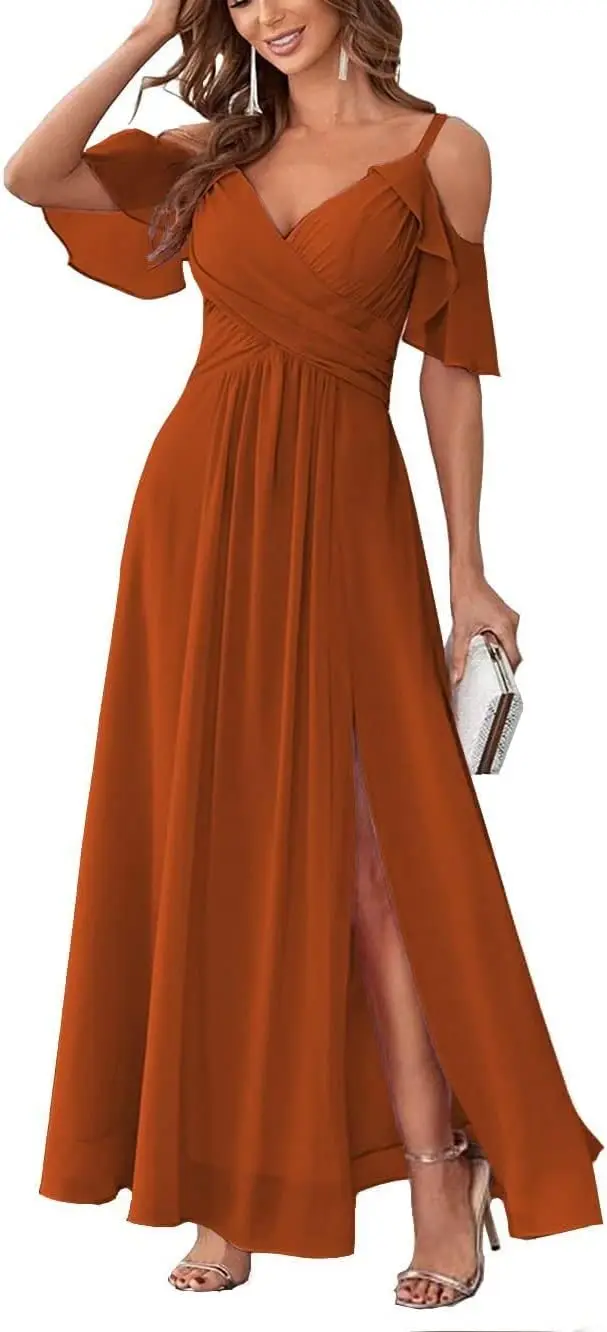 

Chiffon Cold Shoulder Bridesmaid Dresses for Wedding Pleated A Line Long Prom Formal Evening Dress for Women with Slit
