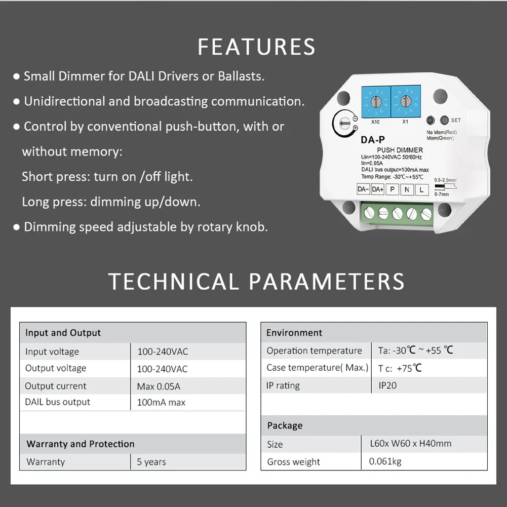 A74E-For DALI Push LED Dimmer 110V 220V 240V With Memory Function For DALI Driver Or Ballasts Dimming Speed Adjustable Dimmer