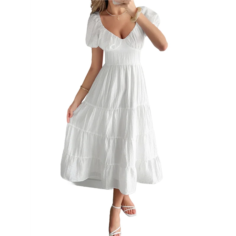 A09P Abito longuette casual estivo da donna Abiti gonfi a maniche corte con scollo a V e volant a strati