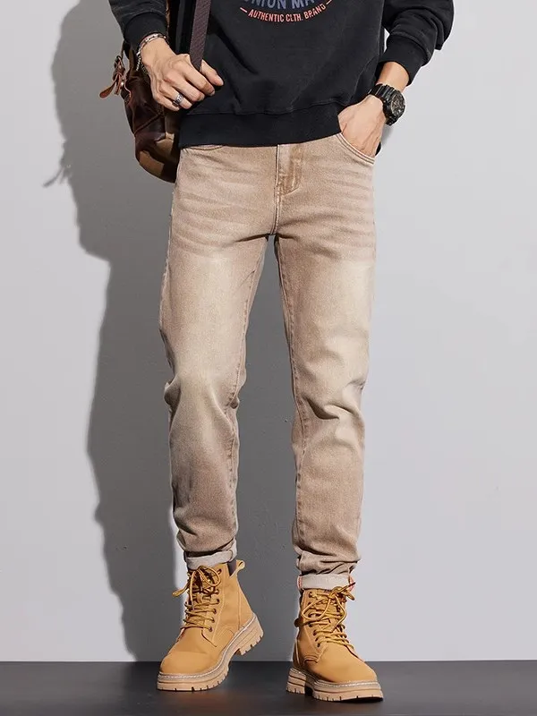 

Эластичные повседневные джинсовые джинсы цвета хаки, облегающие мужские модные брендовые элитные летние новые длинные брюки с маленькой прямой ногой