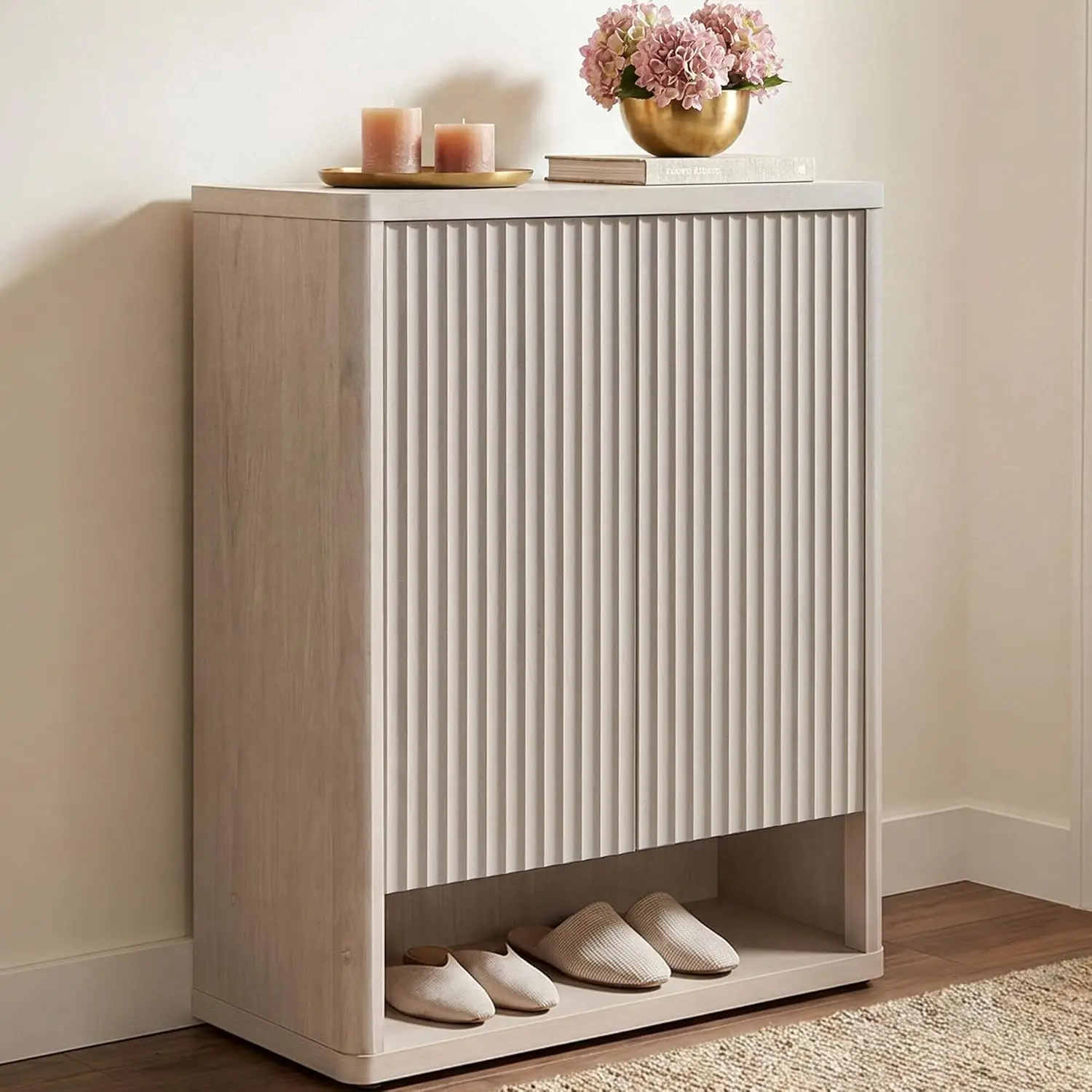 #Fluted Shoe Cabinet with Doors & 4 Shelves Hidden Storage Organizer Free Standing 6-Tier for Entryway, Customized