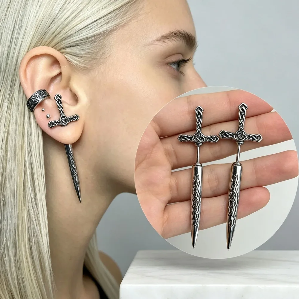 Dark Goth Punk Sword Dagger Ear Jacket Piercing Stud Earrings Unisex for Men Women Daily Party Holiday Gift