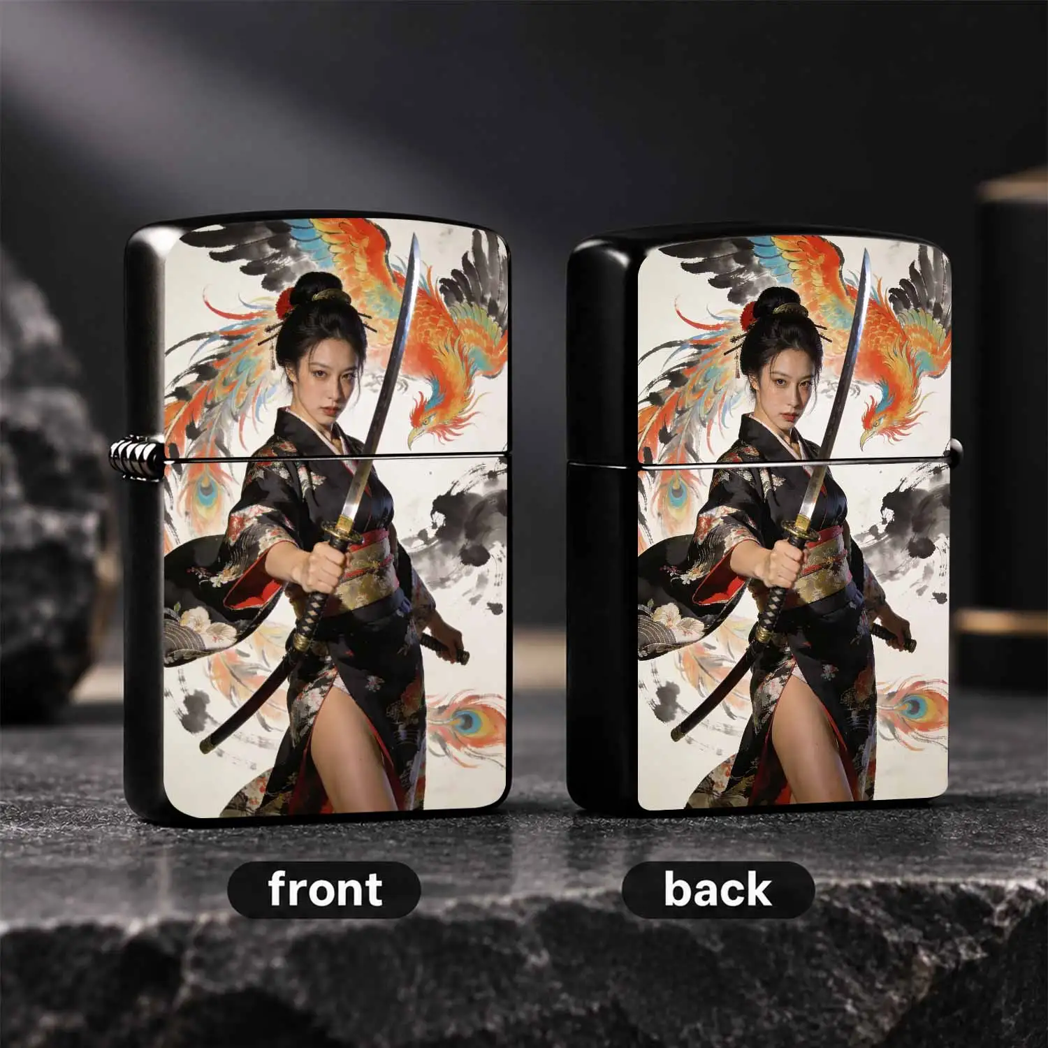 Japanese Style Samurai Female Lighter, Phoenix Ink Painting Pattern Creative Desktop Ornament, Portable Stylish Accessory For Daily Use, Outdoor Travel, Unique Decorative Gift For Festival Holiday A Humorous And Interesting Lighter