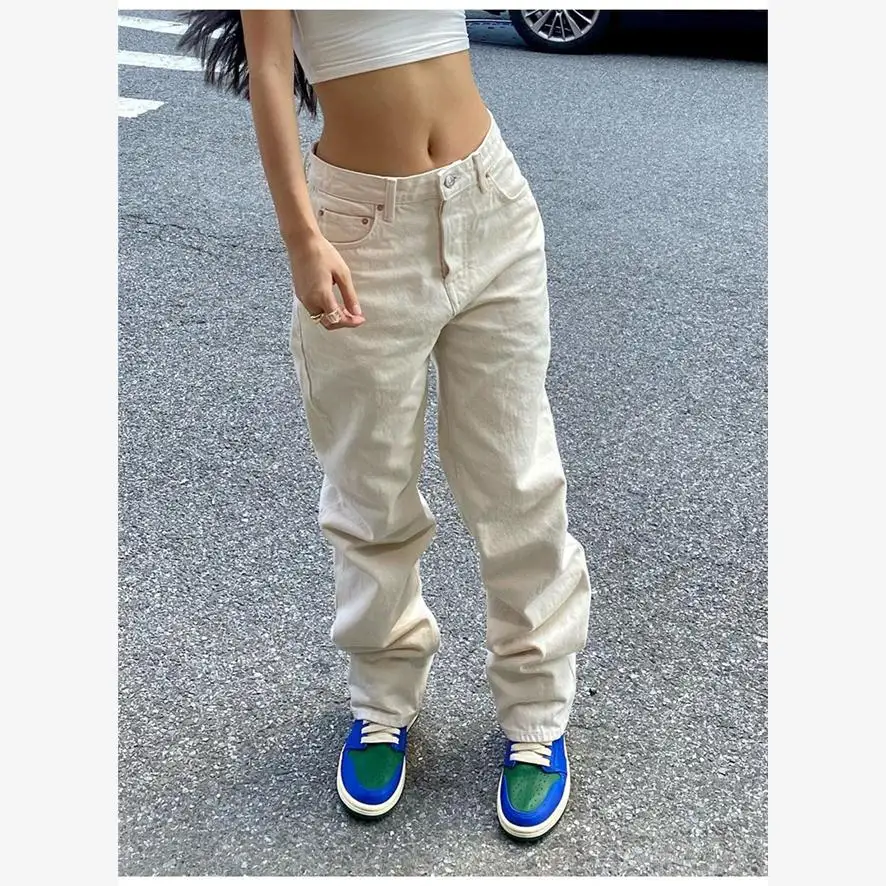 슬림 패션 캐주얼 여성용 청바지 하이웨이스트 스트레이트 레그 진 라이트 웨이 데님 팬츠 여성용 봄 시즌 레귤러 핏...