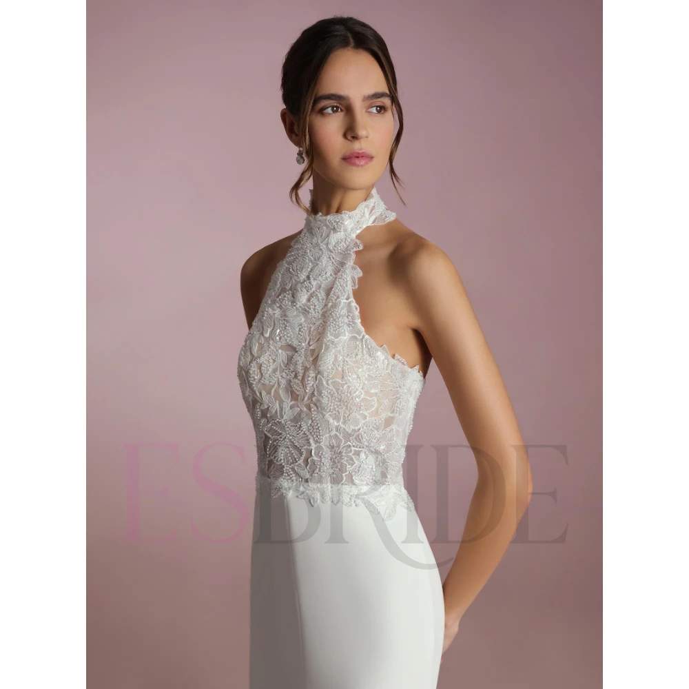 ESBRIDE Elegante abito da sposa civile bianco con collo alto e spacco Abito da sposa senza maniche senza schienale Abiti da sposa di lusso personalizzati